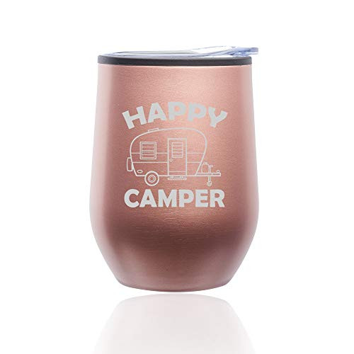 Stemless Wine Tumbler Coffee Travel Mug Glass with Lid Happy Camper Rose Gold