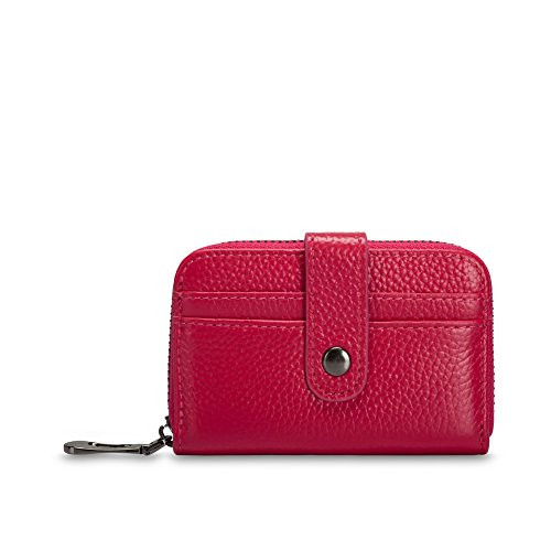 VIVOCASE Credit Card Wallet Genuine Leather RFID Credit Card Holder Secure Zipper Button Card Wallet Red