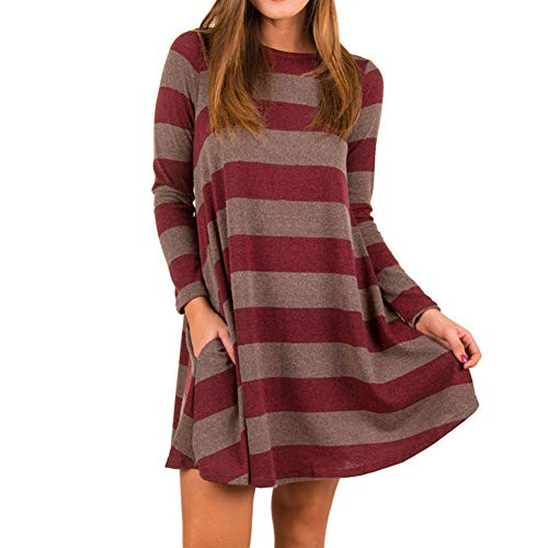 Women Casual Long Sleeve Pleated TShirt Dress Loose Swing Tunic Dresses with Pockets Large Red