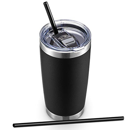 ALOUFEA 20oz Stainless Steel Tumbler with Lid and Straw Vacuum Insulated Tumbler Cup Double Wall Coffee Tumbler Powder Coated Travel Coffee Mug Black