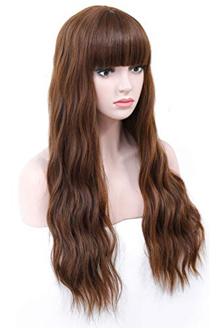 COSYMAY Brown Synthetic Wig Women Cosplay Wig with Bangs 26 inch Long Wavy Curly Full Wig Glueless Heat Resistant Halloween Party Wig Daiy Wear