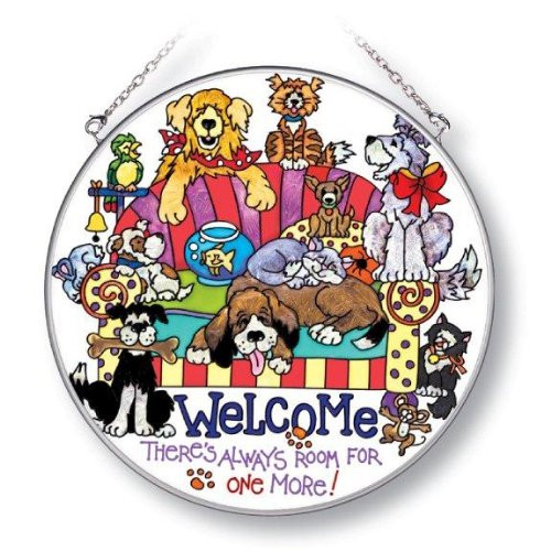 Amia 5192 Circle Suncatcher HandPainted on Glass Welcome Dog Theme 612Inch Large