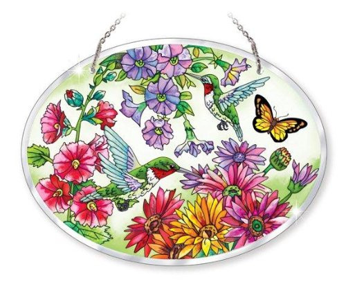 Amia Beveled Glass Large Oval Suncatcher HandPainted Hummingbird Design 9 by 612Inch