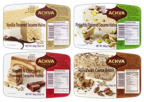 Achva Halva Cocoa Nibs Vanilla Marble Pistachio Halva Variety Pack 16oz Trays Pack of 4 Variety Total of 64 Oz