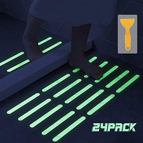 Kyerivs AntiSlip Stickers?NonSlip Bathtub Stickers Safety for Bathroom Tubs Showers TreadsSteps Floor Adhesive Decals with Scraper for BabySeniorAdult ClearLuminous8 x 08In Luminous 24pcs