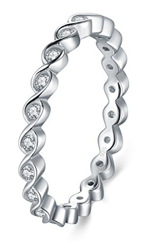BORUO 2MM 925 Sterling Silver Ring Cubic Zirconia CZ Wedding Band Stackable Ring Size 4