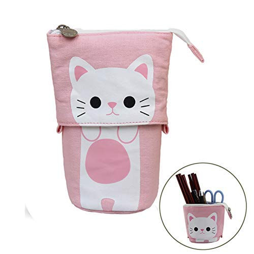 Stand Canvas Pencil Holder Pen Bag with Cartoon Cute Cat Telescopic Pencil Pouch Bag Stationery Pen Case Box with Zipper Closure (Pink)