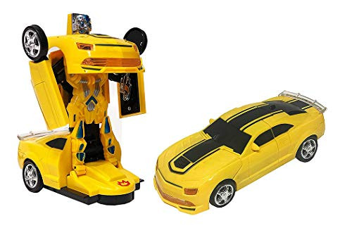 Robot Transform Cars for Boys Fun Toy  Bump and Go Action Toys 2 in 1 Transforming with Flashing Lights and Sounds Yellow Car for Kids