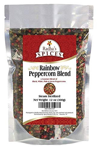 Radhas Four Peppercorn Rainbow Blend  12 ounces  Steam Sterilized  Black White Green  Pink Peppercorns