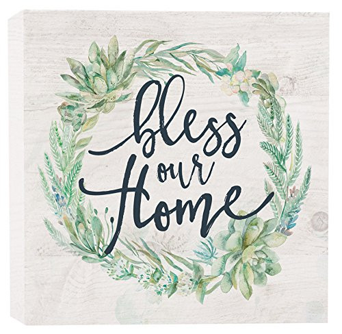 Bless Our Home Laurel Wreath Whitewash 5.5 x 5.5 Solid Wood Barnhouse Block Sign