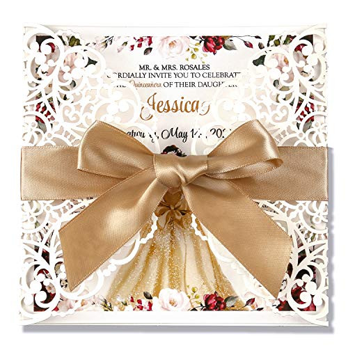 Doris Home Square Wedding Invitations Cards Kits Fall Bridal Baby Shower Invite Birthday Invitation Wedding Rehearsal Dinner Invites Autumn Engagement Bach with Gold Bowknot Hollow50pcs