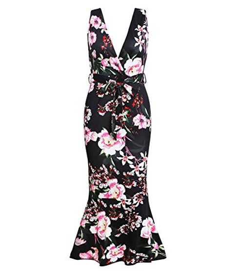YSJERA Womens Vintage Summer Deep VNeck Sleeveless Floral Leopard Ruffles Mermaid Halter Midi Dresses BlackL