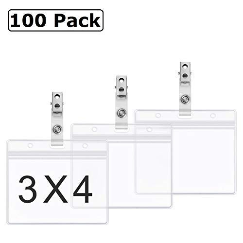 Clear Plastic Horizontal Name Tag Holder and Metal Badge Clip with Vinyl Straps Waterproof PVC ID Card Holders by ZHEGUI 100 Pack Horizontal Large 3x4