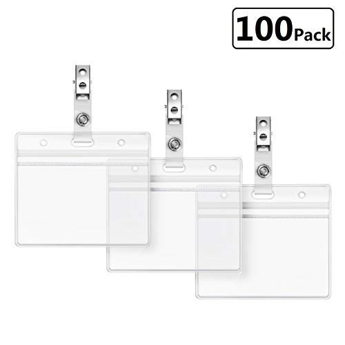 Clear Plastic Horizontal Name Badge Holders and Metal Clips with Vinyl Straps Waterproof PVC ID Card Holder by LONOVE 100 Pack Horizontal Large 3x4