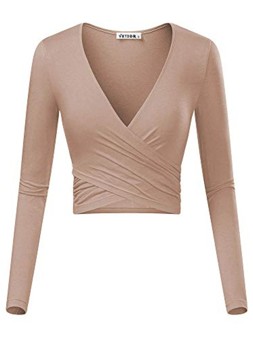 VETIOR Womens Deep V Neck Long Sleeve Unique Cross Wrap Slim Fit Crop Tops Medium Camel