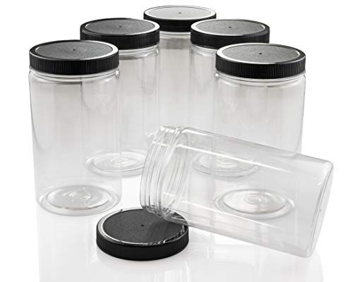 32oz Clear Plastic Jars with Black Ribbed Lids 6pack  Wide Mouth Plastic Containers for Household and Food Storage  BPA Free and PET Plastic Mason Jars