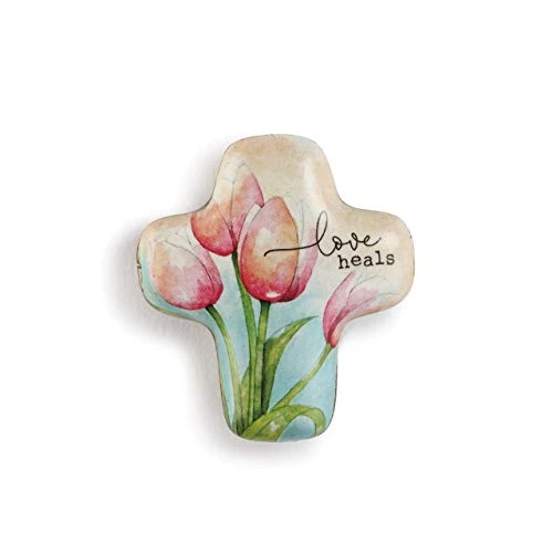 DEMDACO Love Heals Floral Pink 2 x 2 Resin Stone Collectible Artful Cross Token Figurine