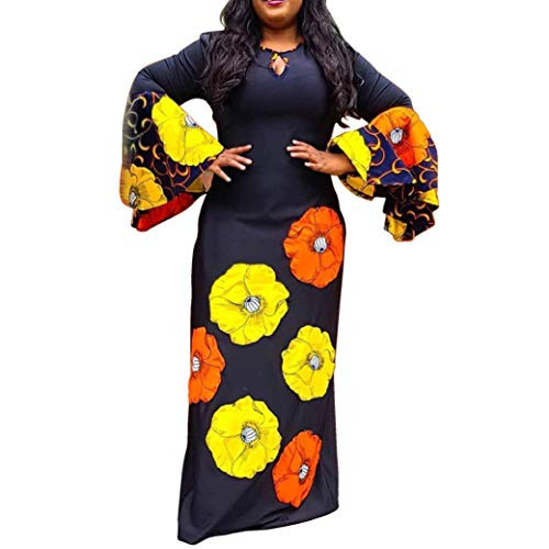VERWIN Round Neck Long Sleeve Print Floral Womens Maxi Dress Pullover Dress Bodycon Dress XL Black