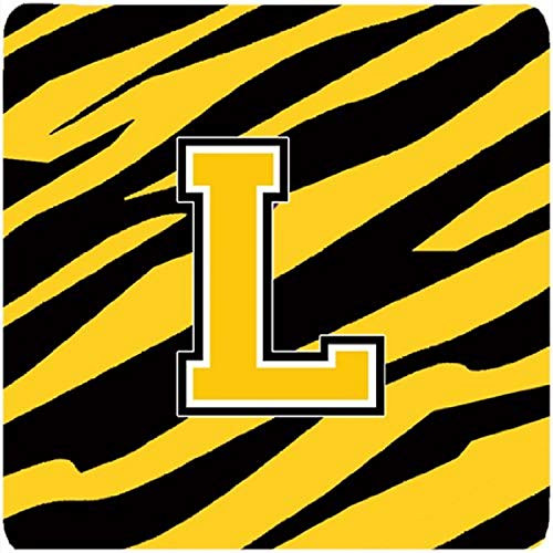 Carolines Treasures MonogramTiger StripeBlack Gold Foam Coasters Set of 4 Initial Letter L 35 H x 35 W Multicolor