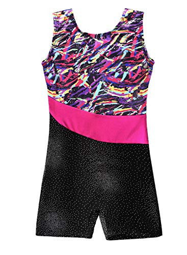 Black Gymnastic leotards with Shorts 4 5 Sparkle Stripes Sleeveless Biketards Hotpink Black Pink 11045 years old