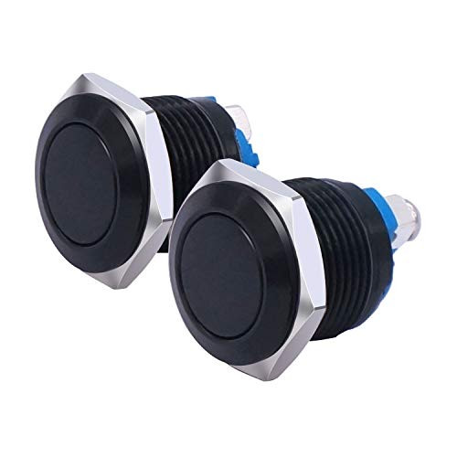 Taiss 2Pcs 16mm 58 Black Metal Momentary Push Button Switch 1NO SPST 3A 12250V for Industrial Car Switch PM16BK