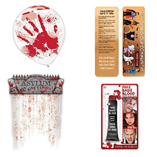 Halloween Scary Asylum Blood Spatter Party Kit Includes Bloody Balloons a Bloody Doorway Curtain A 1 Ounce Tube of Fake Blood and an Exclusive ElevenPlus2 Halloween Safety Bookmark