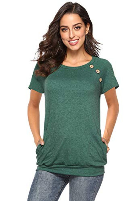 Womens Casual Button Short Sleeve Tops Pockets Blouses T Shirt Round Neck Loose Tunic Green M