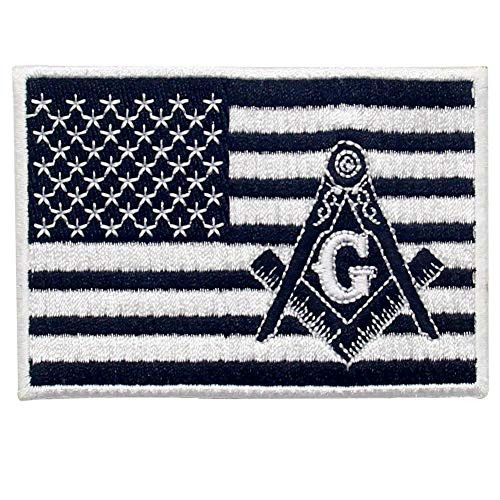 American Flag Masonic Patch Embroidered USA Square Compass Applique Iron On Sew On Emblem White  Black