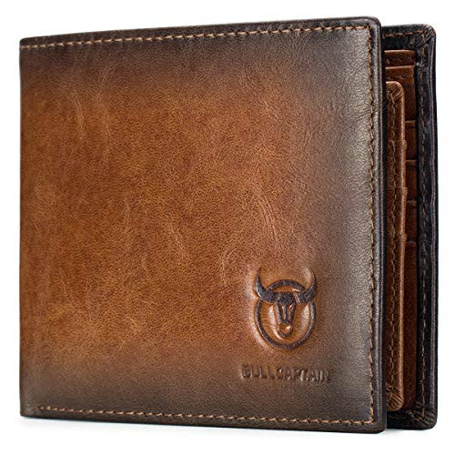 BULLCAPTAIN RFID Wallets for Men Slim Bifold Genuine Leather Front Pocket Wallet with 2 ID Windows QB05 Brown