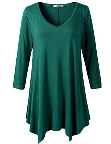 JollieLovin Womens Plus Size 34 Sleeve V Neck Flowy T Shirt Casual Swing Tunic Top 2X C DEEP Green