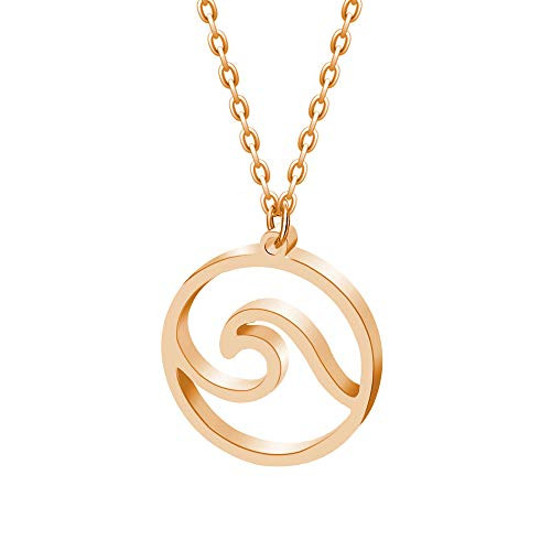 YOOE Stainless Steel Ocean Wave Necklace Hawaii Surfing Sea Ocean Necklace for Surfer Beachy Circle Pendant Necklaces Rose gold