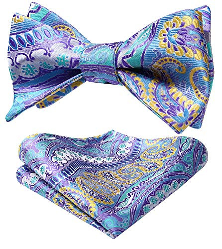 HISDERN Mens Untied Bowties Paisley Jacquard Self Bow Tie Pocket Square Set Wedding Party