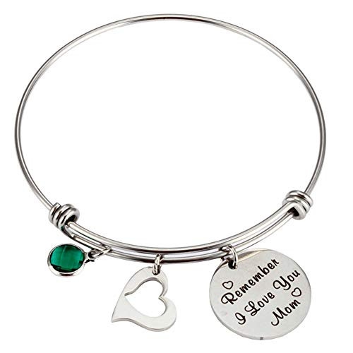 Mother Gift Jewelry Bangle Bracelet Remember I Love You Mom Stainless Steel Green Birthstone Heart Charm Bracelets Bangles Gift for Mom Mom Bangle