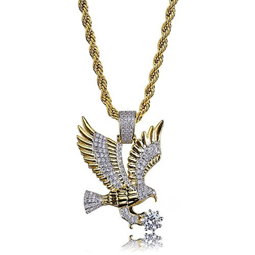 TOPGRILLZ Hip Hop 14K Gold Plated Iced Out Simulated Diamond Eagle Pendant Necklace with 24 Rope Chain Gold