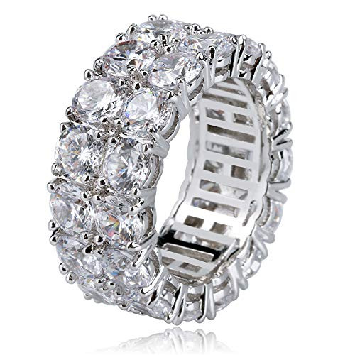 TOPGRILLZ 9mm 2Rows Round Cut 14K Silver Plated Iced Out Lab Diamond Wedding Band Eternity Ring for Men Women