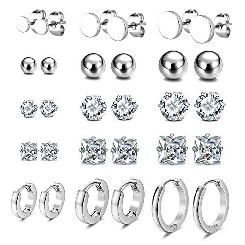 JewelrieShop Earrings Studs Set for Women Girl Stainless Steel CZ Ball Flat Hoop Earing Hypoallergenic Silver Multiple Piercing Ear Stud for Men 15 Pairs Silver Tone JewelrieShop Earrings Studs Set for Women Girl Stainless Steel CZ Ball Flat Hoop Earing Hypoallergenic Silver Multiple Piercing Ear Stud for Men 15 Pairs Silver Tone