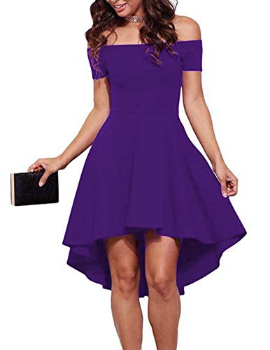 Sarin Mathews Women Off The Shoulder Short Sleeve High Low Cocktail Skater Dress Purple S