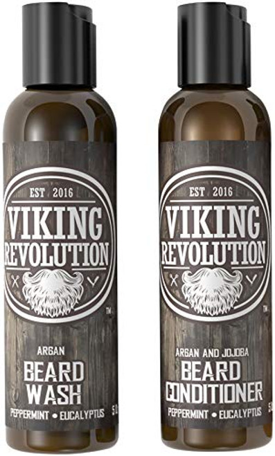 Viking Revolution Beard Wash  Beard Conditioner Set wArgan  Jojoba Oils  Softens Smooths  Strengthens Beard Growth  Natural Peppermint and Eucalyptus Scent  Beard Shampoo wBeard Oil 5 oz