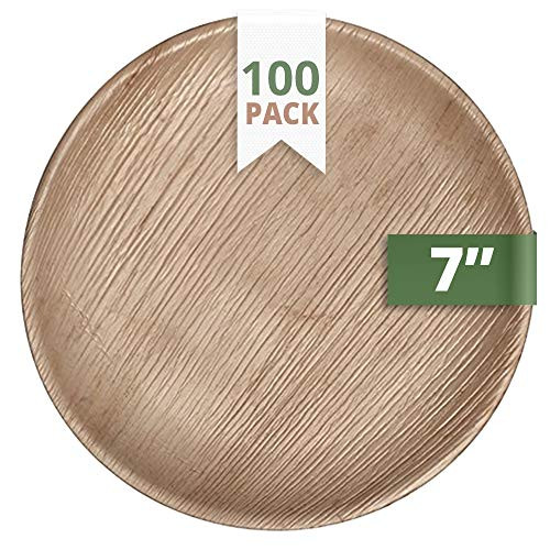 CaterEco Round Palm Leaf Salad Plates 100 Pack  Ecofriendly Disposable Dinnerware  Heavy Duty Biodegradable Party Utensils for Wedding Camping  More