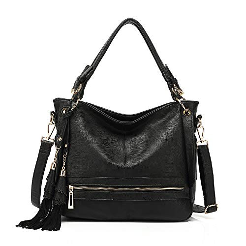 Hobo Handbags for Women PU Leather Shoulder Bag Large Purses and Handbags Crossbody Bag with Tassel 202201S BLACK