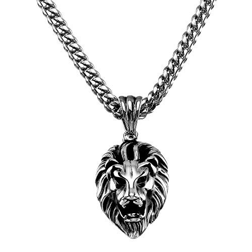 WW Lifetime Lion Necklace High Polished and Blacked Stainless Steel Head Pendant Necklace Mens Hip Hop Rapper With 16MM Miami Stainless Steel Cuban Link Chain 24inches Silver