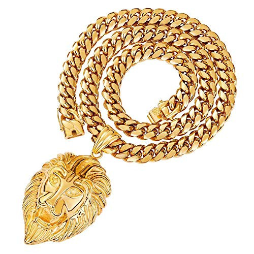 WW Lifetime Huge Lion Necklace 18K Gold Stainless Steel Head Pendant Necklace Mens Hip Hop Rapper with 14MM Miami Cuban Link Chain 30inchesGold
