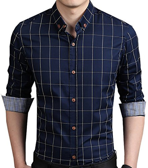 Aiyino Mens 100 Cotton Long Sleeve Plaid Slim Fit Button Down Dress Shirt US L Navy Blue