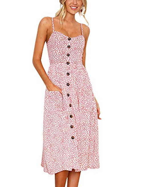 SWQZVT Womens Dress Summer Spaghetti Strap Sundress Casual Floral Midi Backless Button Up Swing Dresses with Pockets Pink S