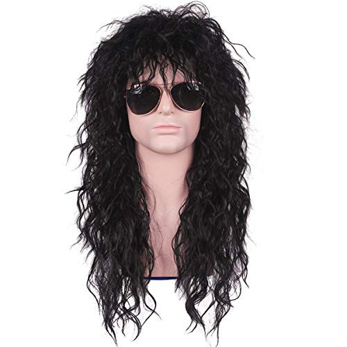 DiyWig Mens 80s Wig Black Mullet Wigs Halloween Costume Male Wig Long Curly Rocker Anime Wig DiyWig Mens 80s Wig Black Mullet Wigs Halloween Costume Male Wig Long Curly Rocker Anime Wig