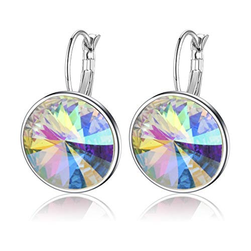 Swarovski Crystals Round Drop Leverback Earrings for Women 14K Gold Plated Hypoallergenic Hoop Earrings Aurora Borealis