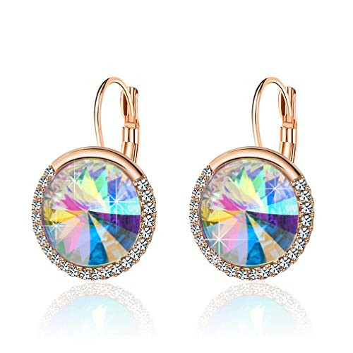 Round Swarovski Crystal Halo Drop Leverback Earrings for Women 14K Gold Plated Hypoallergenic Earrings Aurora Borealis
