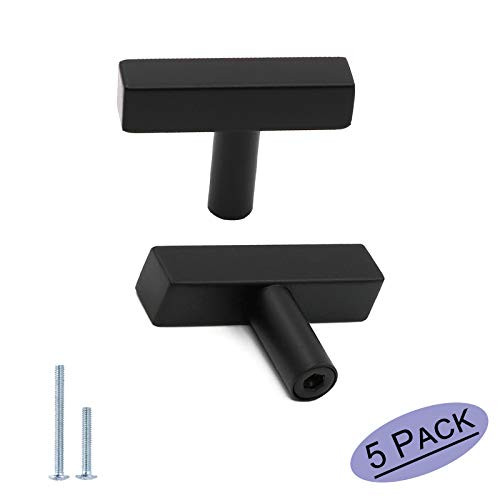 5Pack Flat Black Cabinet Pulls Kitchen Hardware Drawer Knobs  Goldenwarm LSJ22BK Square T Bar Cabinet Knobs Single Hole Cupboard Door Handles Bathroom Cabinet Furniture Pulls