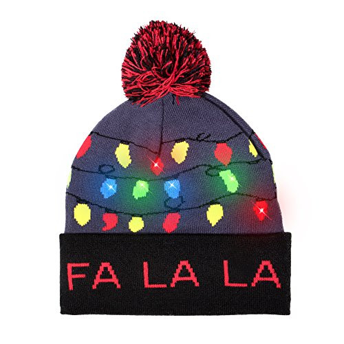 LED Lightup Knitted Ugly Sweater Holiday Xmas Christmas Beanie  3 Flashing Modes FA La La Beanie