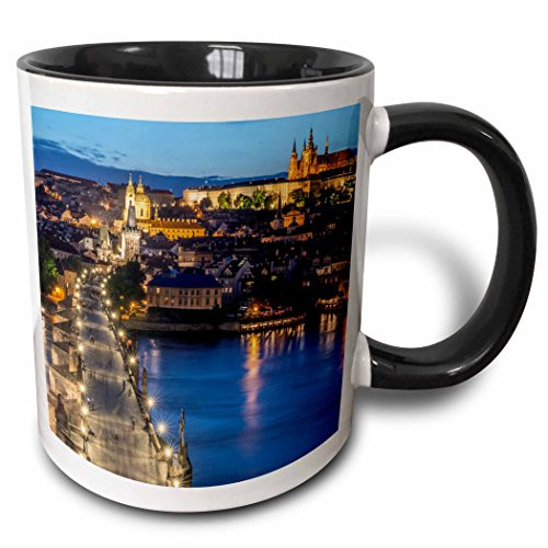 3dRose mug_207789_4 Czech Republic, Bohemia, Prague, Charles Bridge Twilight. Ceramic, 11oz, Black/White
